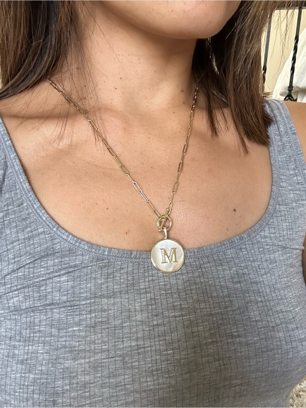 Melinda Maria Mother of Pearl & Crystal Initial Necklace (Letter M)